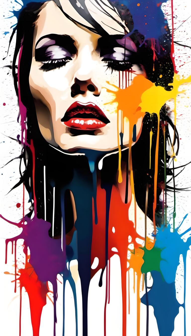 Spray Painting,Spray Painting, People, woman, 1girl, solo, paint splatter, makeup, lipstick, black hair