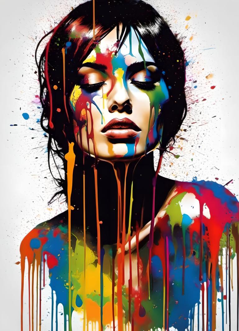 Spray Painting,Spray Painting, People, woman, 1girl, solo, paint splatter, black hair, paint, upper body