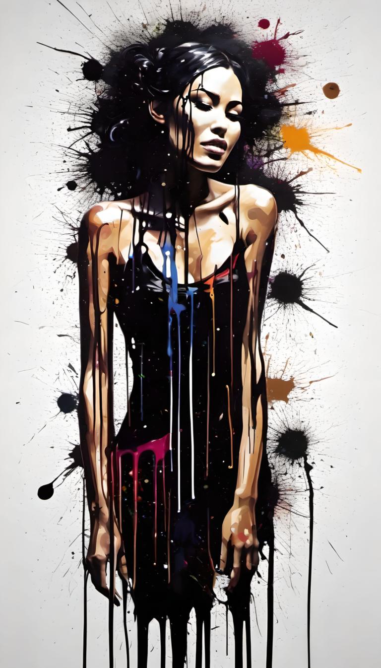 Spray Painting,Spray Painting, People, woman, 1girl, solo, black hair, dress, paint splatter, paint