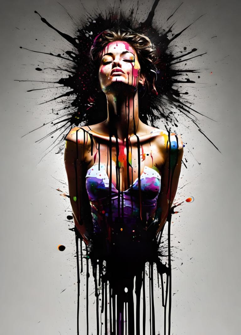 Spray Painting,Spray Painting, People, woman, 1girl, solo, paint splatter, paint, breasts, upper body, lips