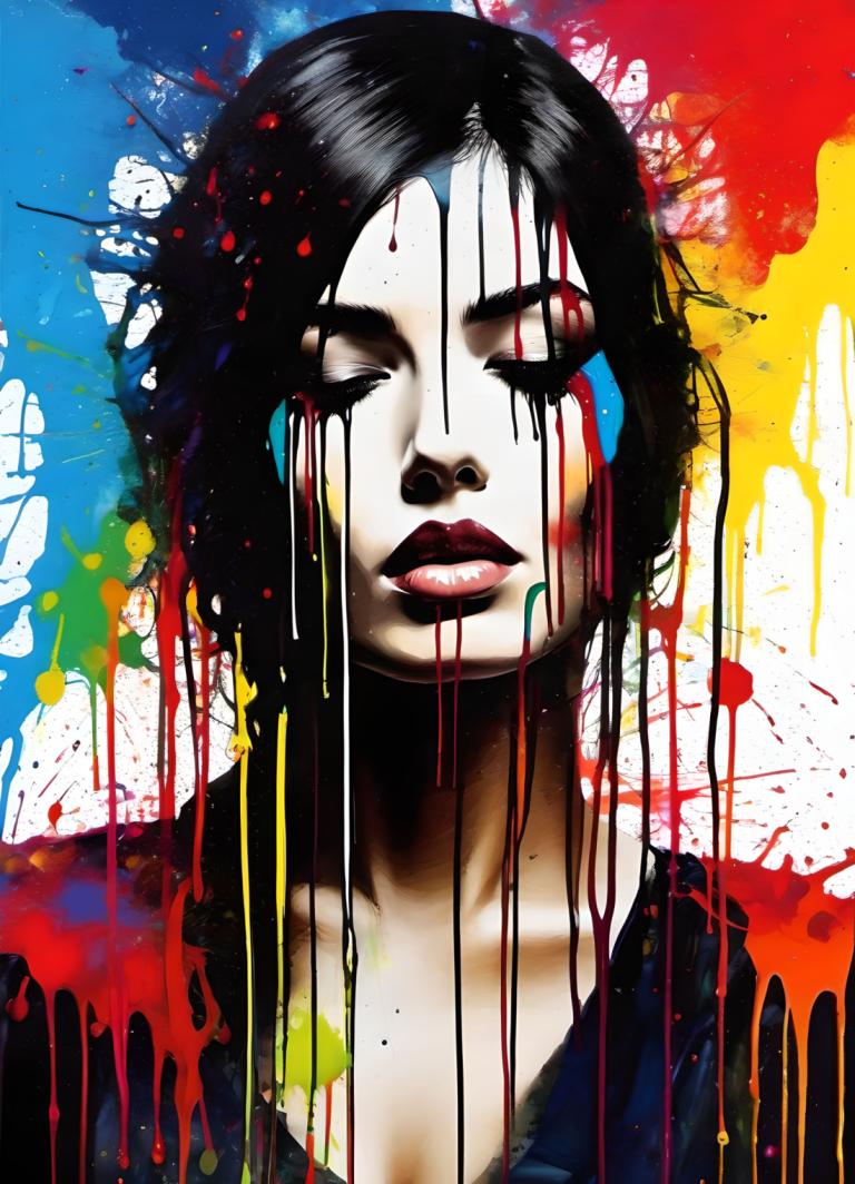 Spray Painting,Spray Painting, People, woman, 1girl, solo, black hair, paint splatter, blood, lips, long hair