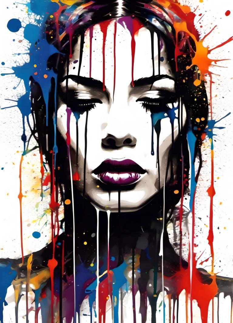 Spray Painting,Spray Painting, People, woman, 1girl, solo, paint splatter, purple lips, makeup, paint