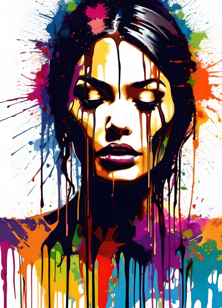 Spray Painting,Spray Painting, People, woman, solo, male focus, paint splatter, black hair, 1boy, colorful