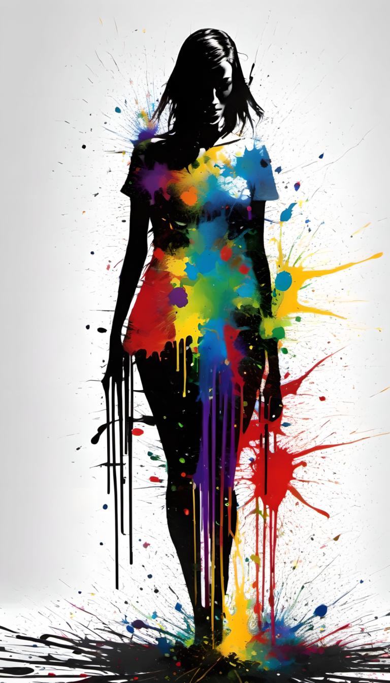 Spray Painting,Spray Painting, People, woman, solo, 1girl, paint splatter, colorful, standing, full body