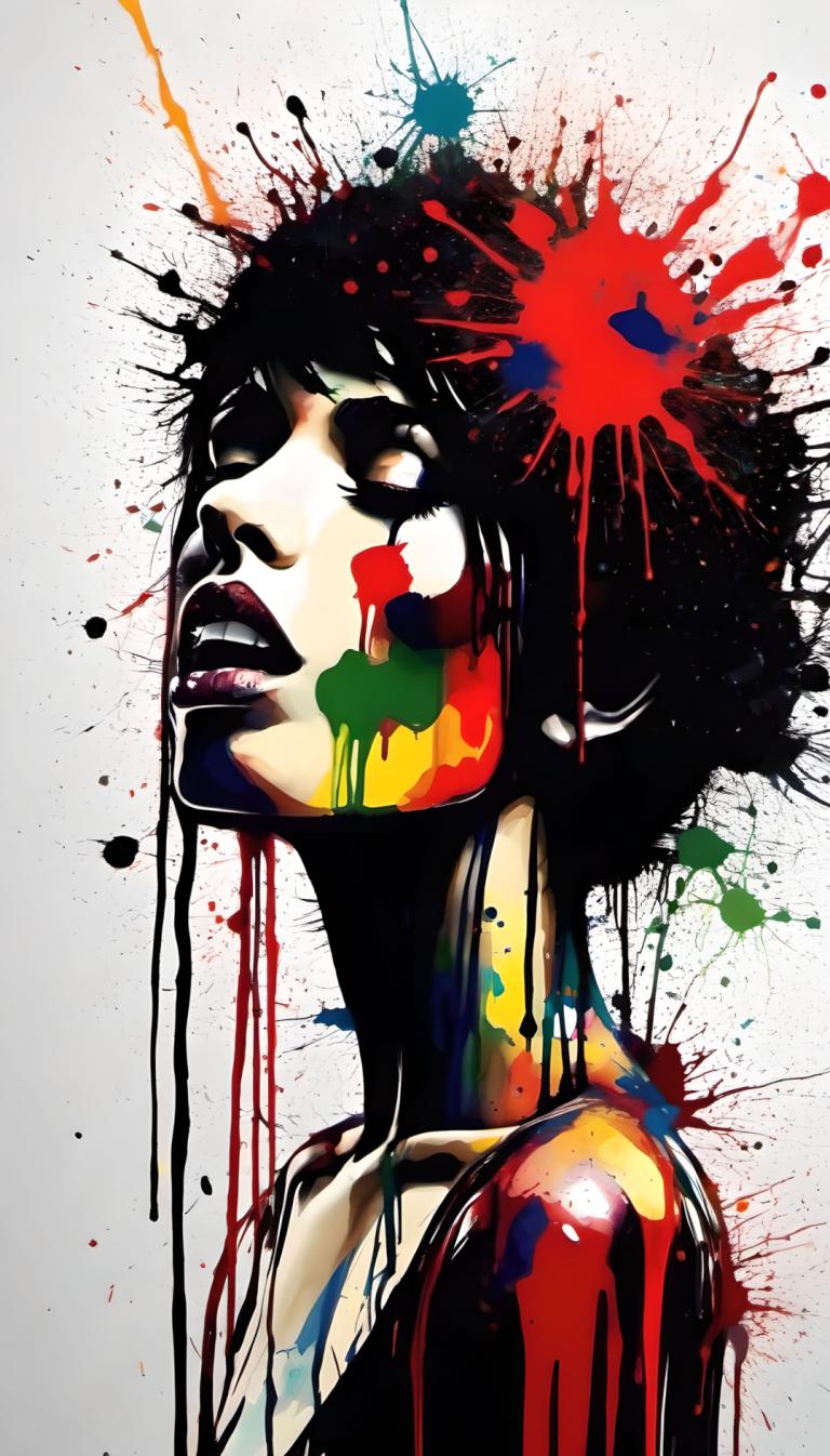 Spray Painting,Spray Painting, People, woman, 1girl, solo, paint splatter, black hair, paint, lipstick