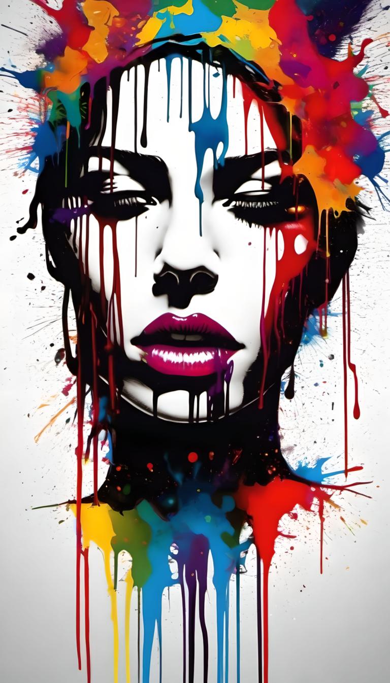 Spray Painting,Spray Painting, People, woman, solo, paint splatter, makeup, black hair, lipstick, 1girl