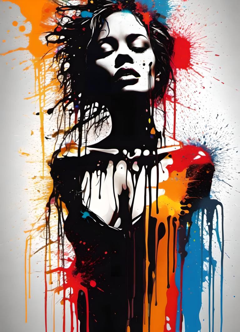 Spray Painting,Spray Painting, People, woman, solo, paint splatter, black hair, abstract, male focus, paint