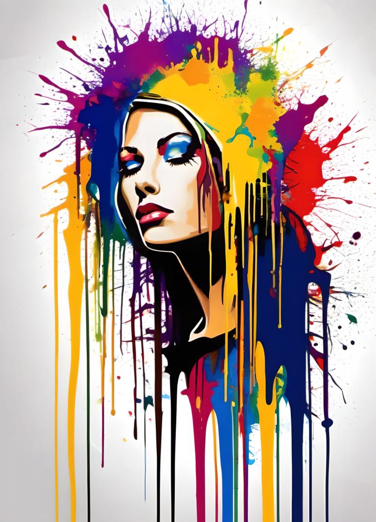 Spray Painting,Spray Painting, People, woman, solo, colorful, 1girl, blue eyes, paint splatter, abstract