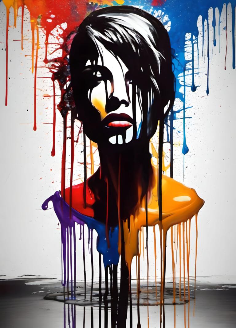 Spray Painting,Spray Painting, People, woman, paint splatter, solo, paint, black hair, abstract, 1girl, lips