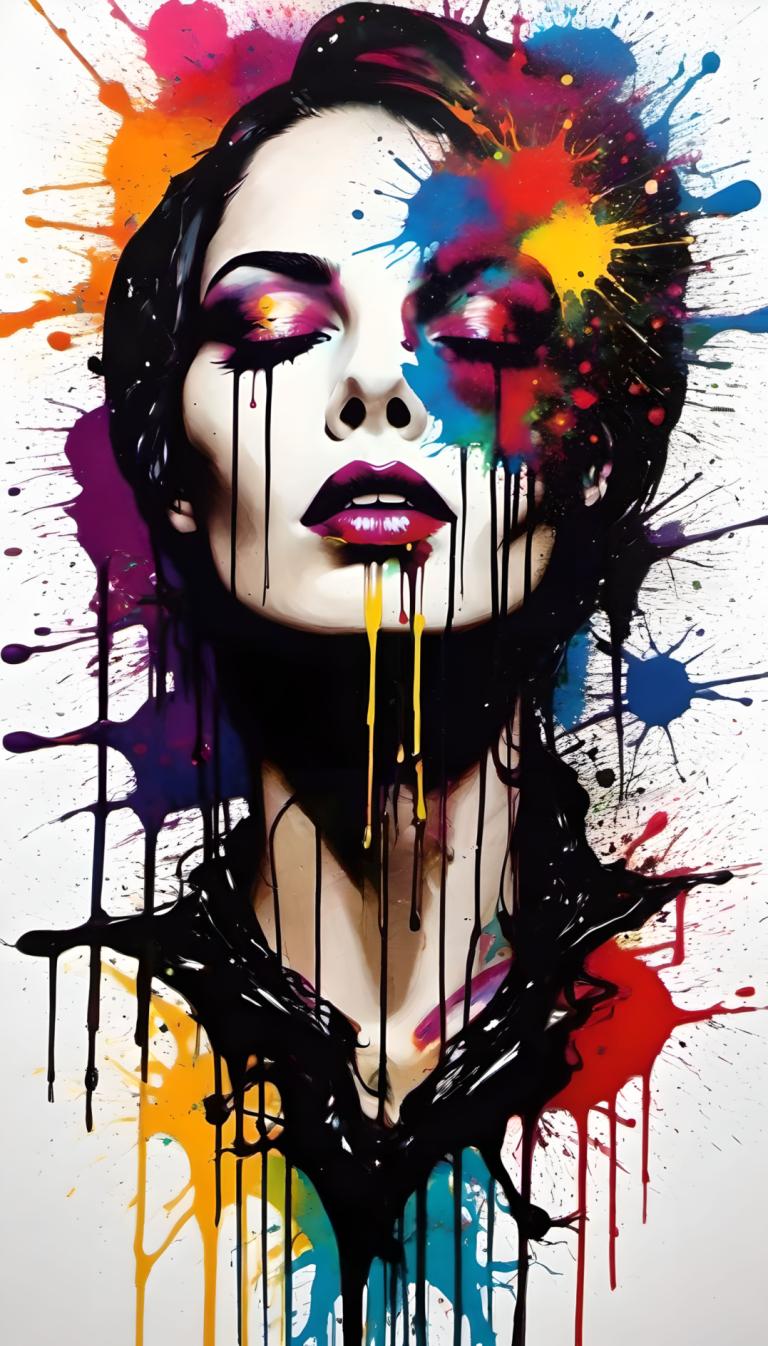 Spray Painting,Spray Painting, People, woman, 1girl, paint splatter, solo, makeup, black hair, paint