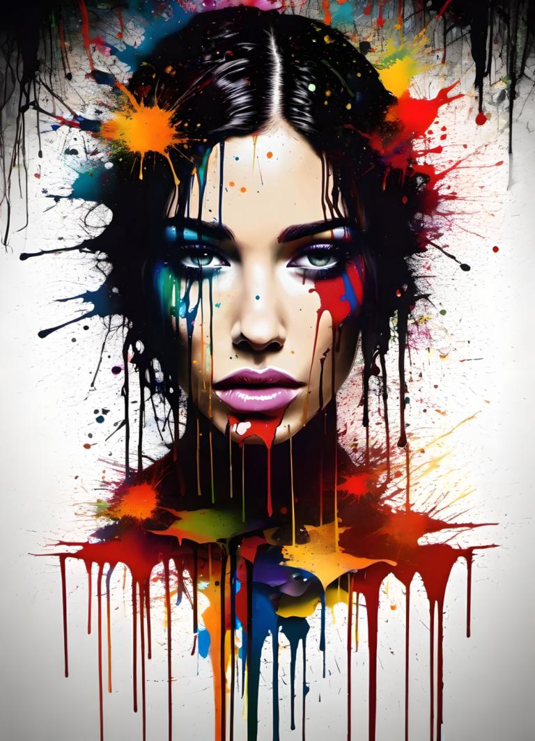 Spray Painting,Spray Painting, People, woman, 1girl, solo, black hair, paint splatter, makeup, paint