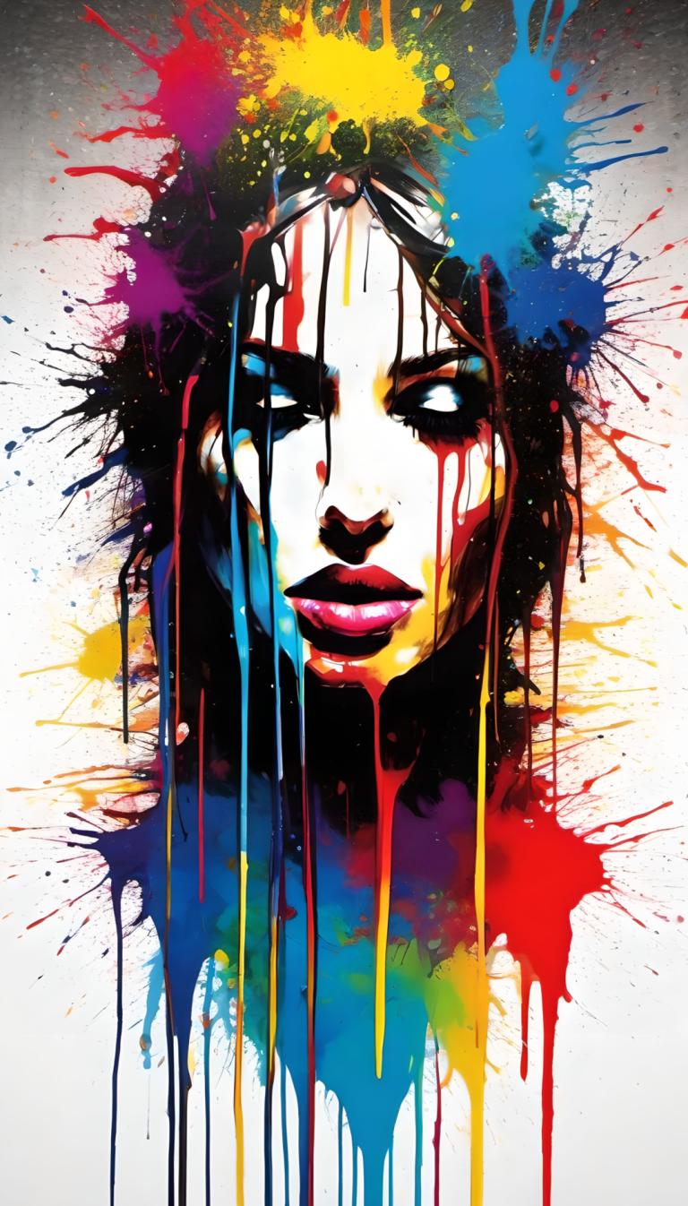 Spray Painting,Spray Painting, People, woman, solo, 1girl, paint splatter, makeup, looking at viewer