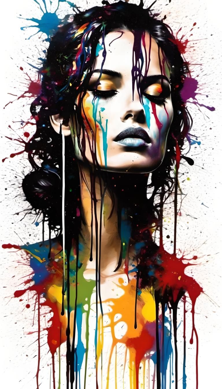 Spray Painting,Spray Painting, People, woman, solo, paint splatter, black hair, yellow eyes, paint, 1girl