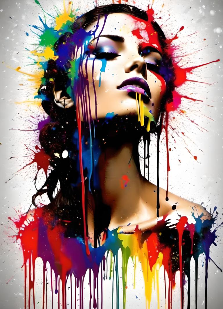 Spray Painting,Spray Painting, People, woman, 1girl, paint splatter, solo, makeup, paint, black hair