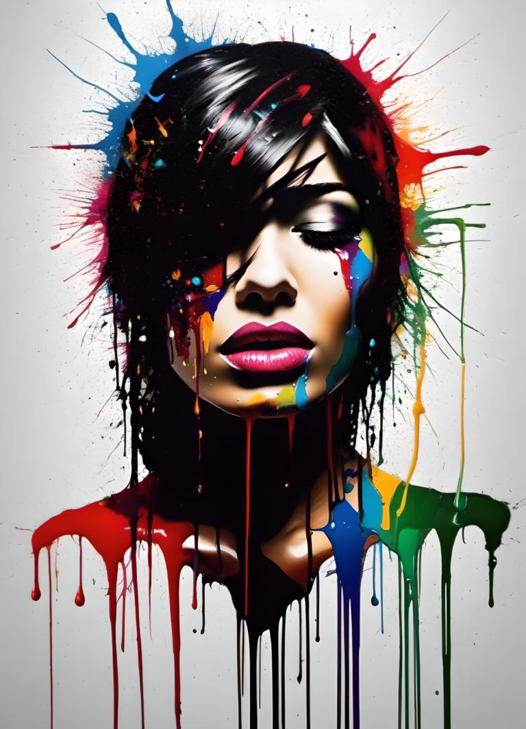 Spray Painting,Spray Painting, People, woman, 1girl, solo, paint splatter, black hair, paint, makeup, lips