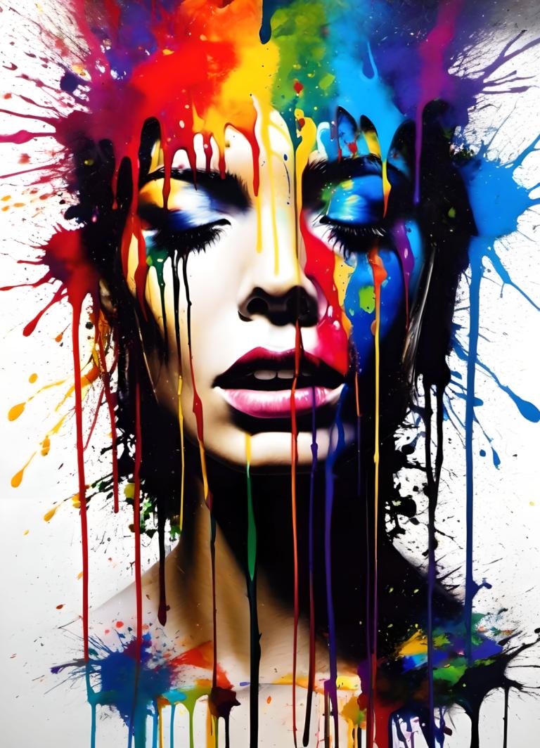 Spray Painting,Spray Painting, People, woman, solo, paint splatter, 1girl, paint, colorful, makeup, teeth