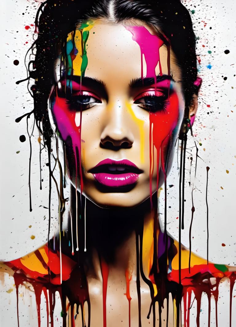 Spray Painting,Spray Painting, People, woman, paint splatter, solo, 1girl, paint, black hair, makeup