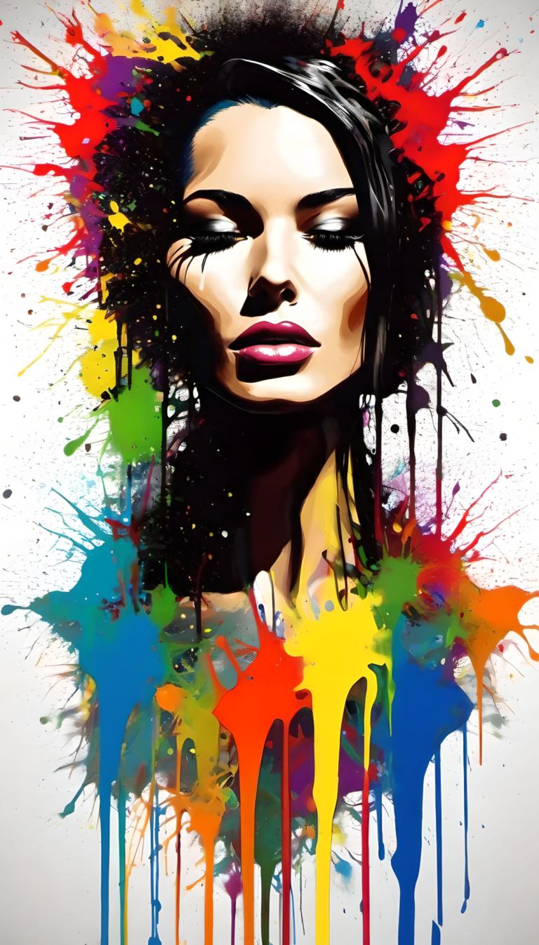 Spray Painting,Spray Painting, People, woman, solo, black hair, 1girl, paint splatter, black eyes, makeup