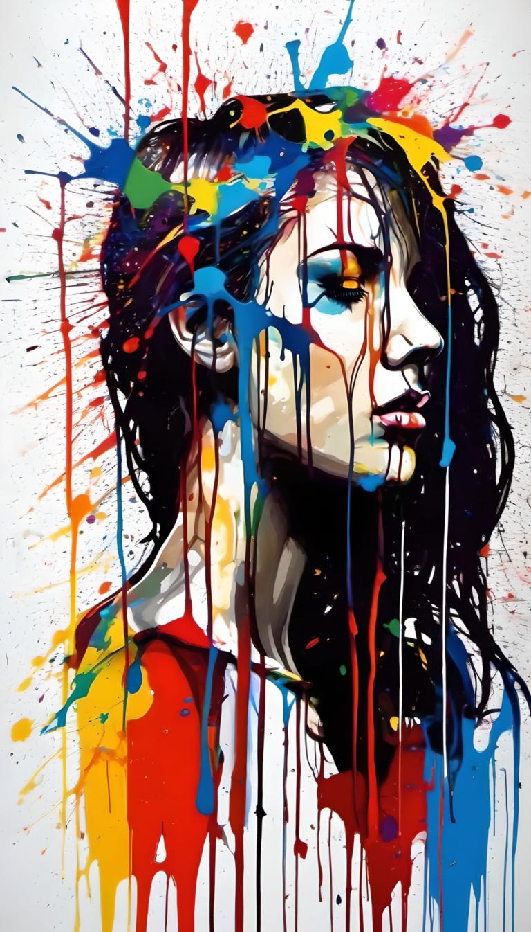 Spray Painting,Spray Painting, People, woman, 1girl, solo, black hair, paint splatter, long hair, abstract