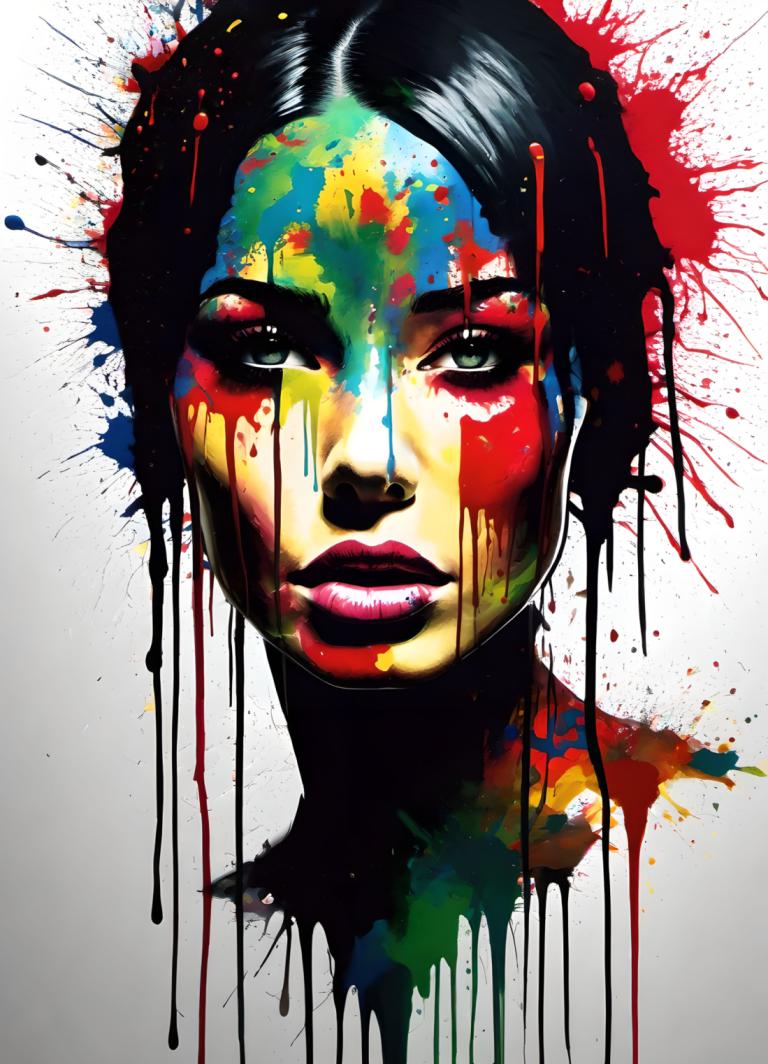 Spray Painting,Spray Painting, People, woman, solo, paint splatter, 1girl, black hair, green eyes, makeup