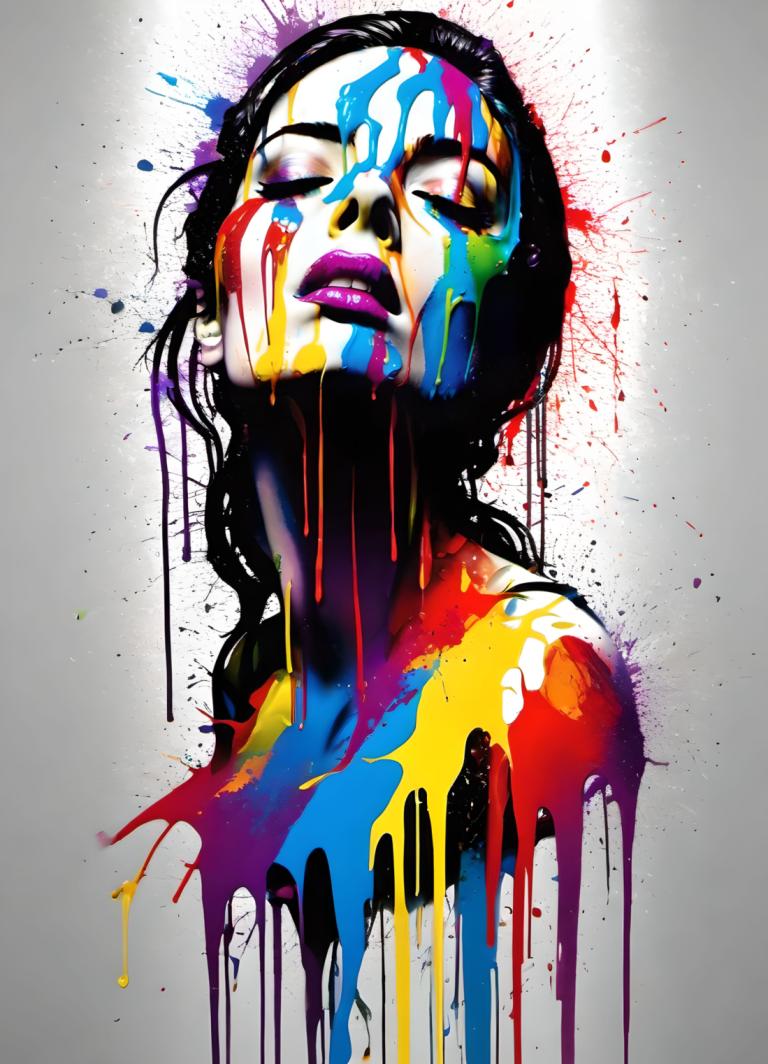 Spray Painting,Spray Painting, People, woman, solo, 1girl, paint splatter, black hair, makeup, lipstick