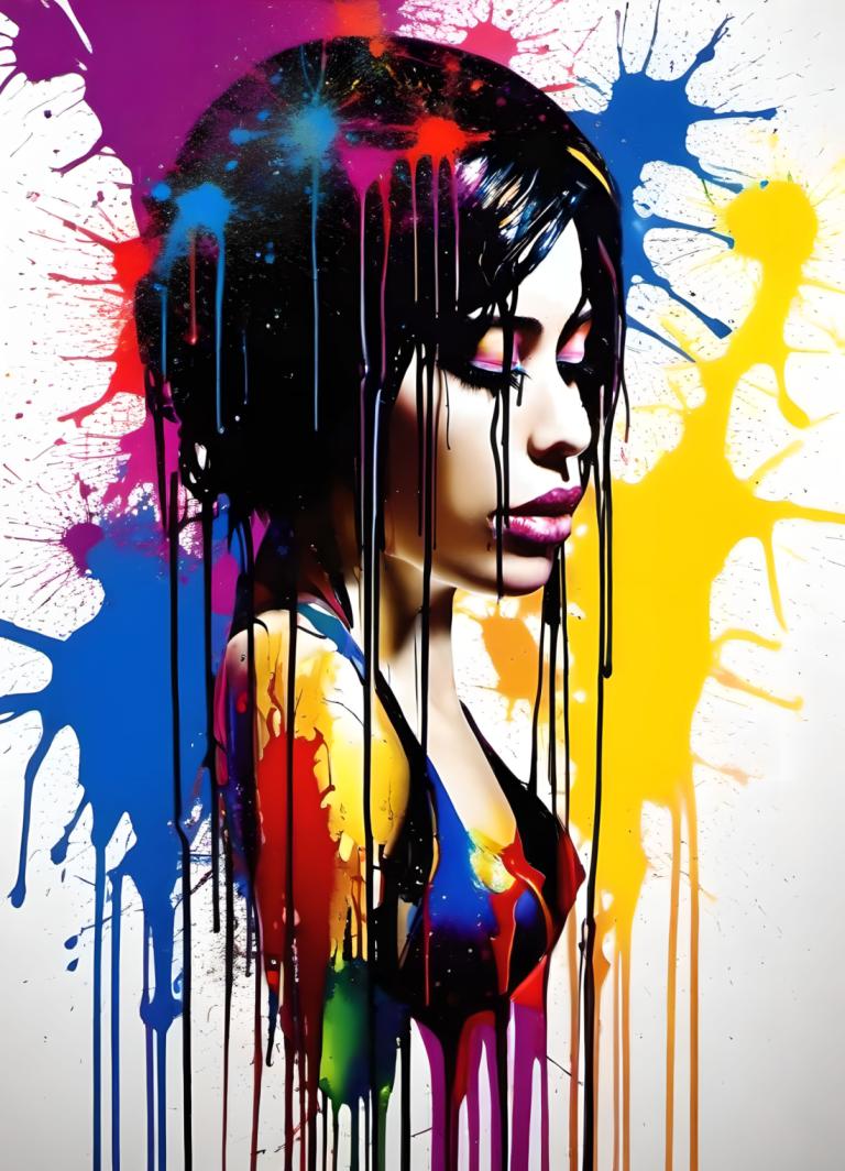 Spray Painting,Spray Painting, People, woman, 1girl, solo, paint splatter, colorful, black hair, lips, makeup