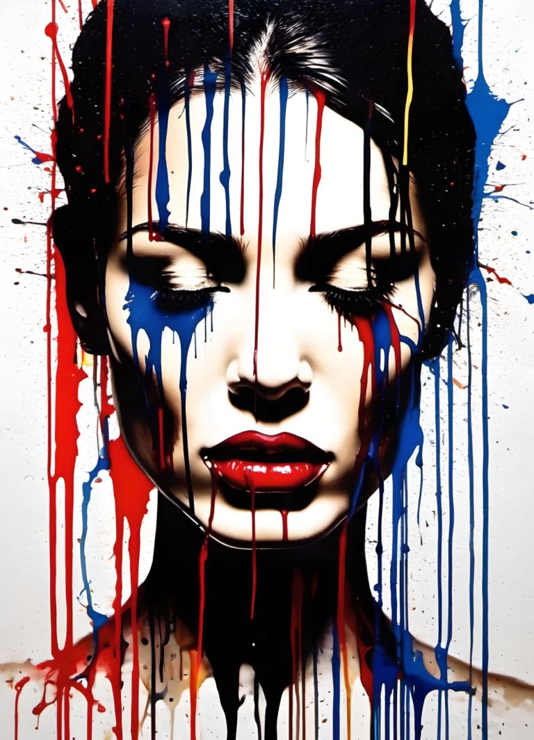 Spray Painting,Spray Painting, People, woman, solo, 1girl, black hair, makeup, lipstick, blood, red lips