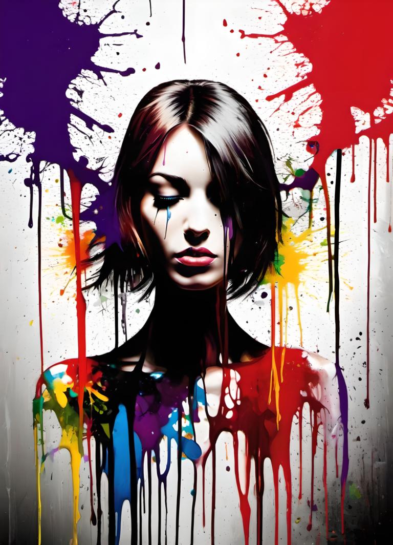 Spray Painting,Spray Painting, People, woman, solo, 1girl, paint splatter, black hair, short hair, paint