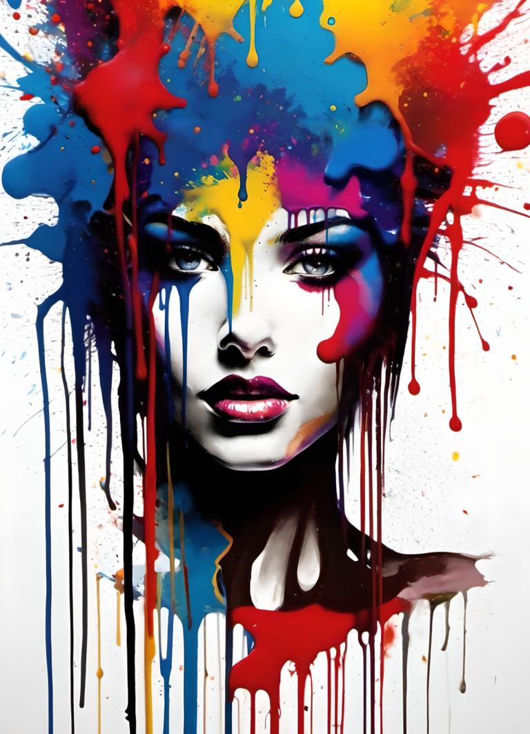 Spray Painting,Spray Painting, People, woman, solo, paint splatter, makeup, looking at viewer, lipstick