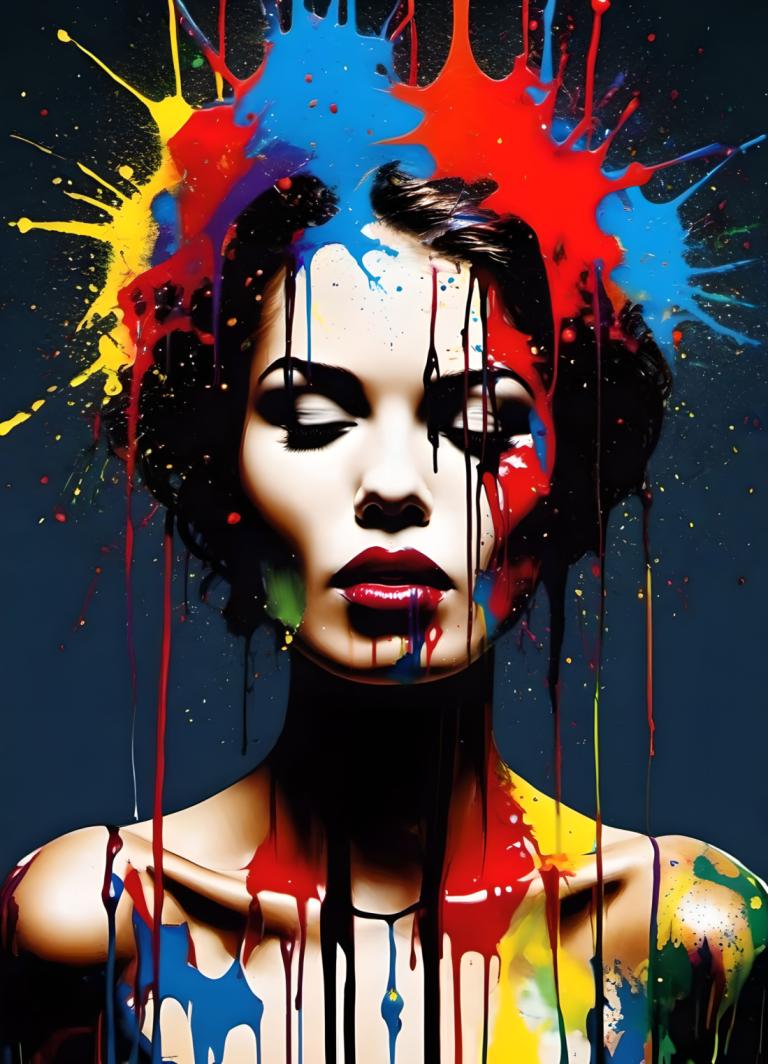 Spray Painting,Spray Painting, People, woman, 1girl, solo, paint splatter, black hair, paint, black eyes