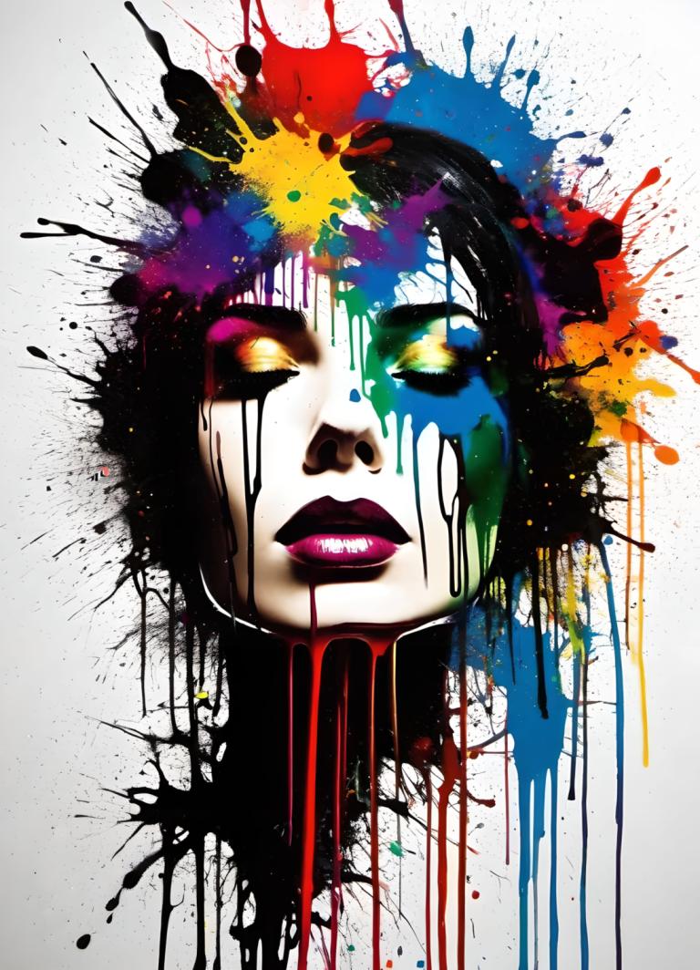 Spray Painting,Spray Painting, People, woman, solo, paint splatter, 1girl, makeup, yellow eyes, paint