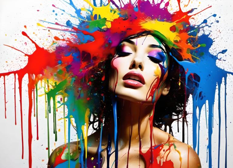 Spray Painting,Spray Painting, People, woman, 1girl, paint splatter, solo, paint, black hair, colorful