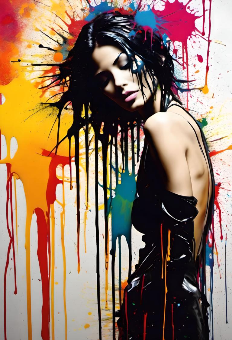 Spray Painting,Spray Painting, People, woman, 1girl, solo, black hair, paint splatter, black dress, dress