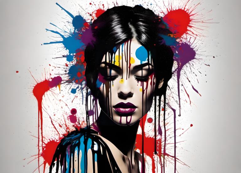 Spray Painting,Spray Painting, People, woman, solo, 1girl, paint splatter, black hair, blood, makeup, paint