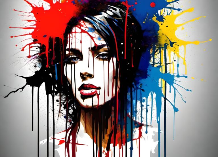 Spray Painting,Spray Painting, People, woman, solo, 1girl, paint splatter, black hair, makeup, lips, blood