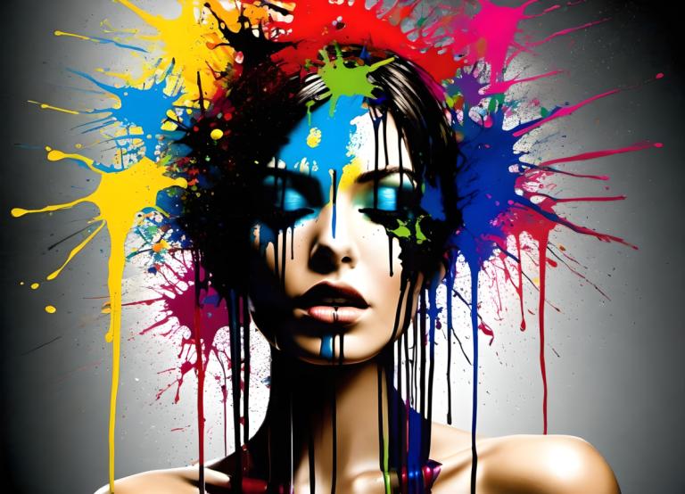 Spray Painting,Spray Painting, People, woman, 1girl, solo, paint splatter, black hair, blue eyes, paint, lips