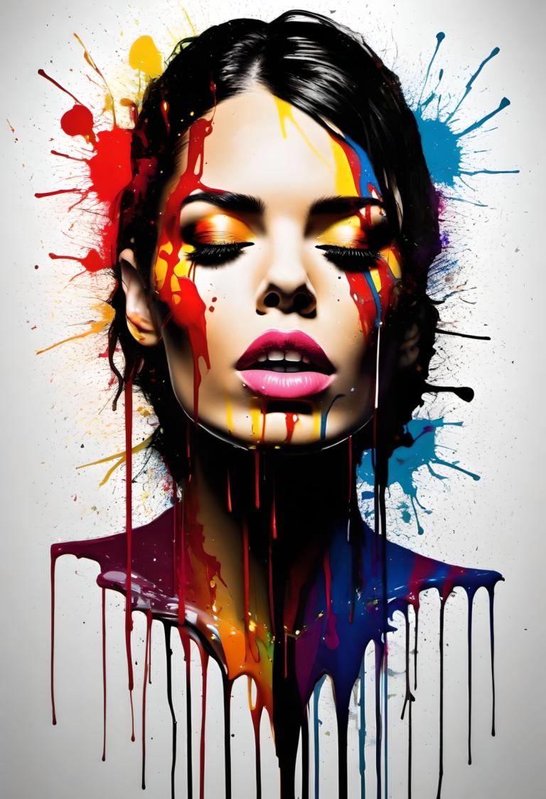 Spray Painting,Spray Painting, People, woman, solo, 1girl, black hair, paint splatter, paint, blood, makeup