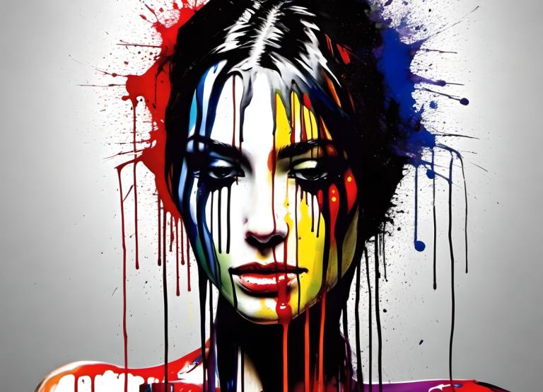 Spray Painting,Spray Painting, People, woman, solo, 1girl, blood, black hair, paint splatter, lips