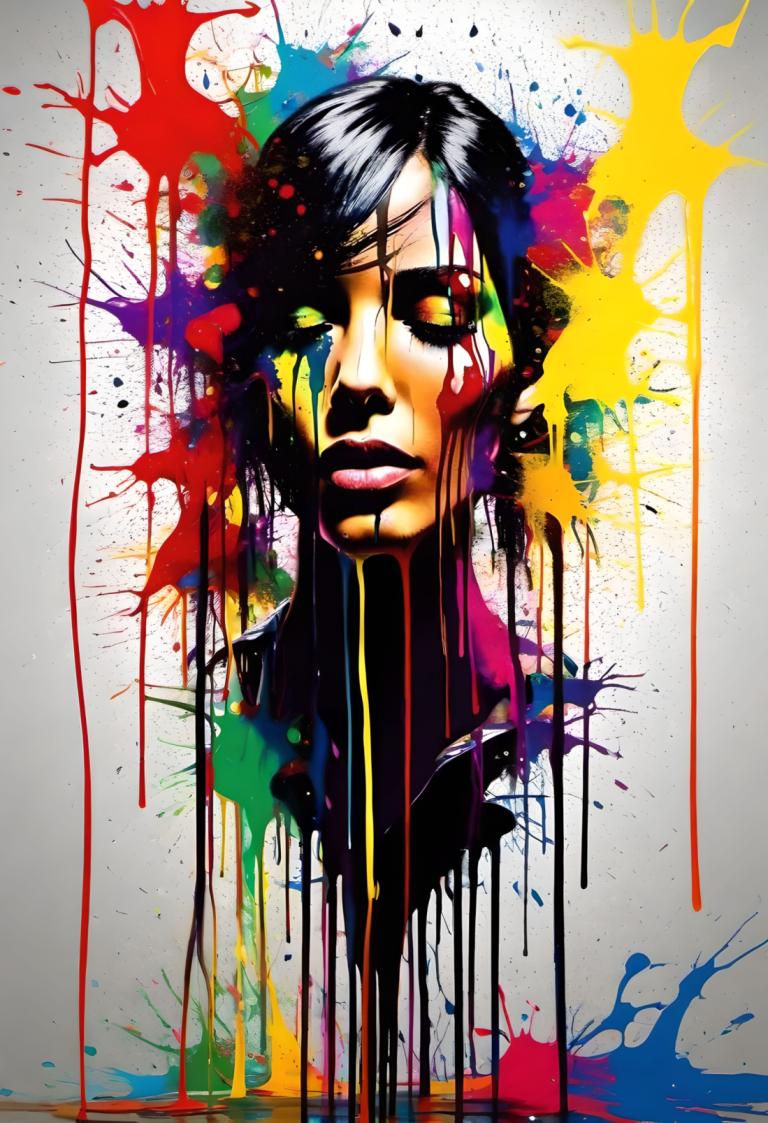 Spray Painting,Spray Painting, People, woman, solo, 1girl, black hair, paint splatter, colored sclera