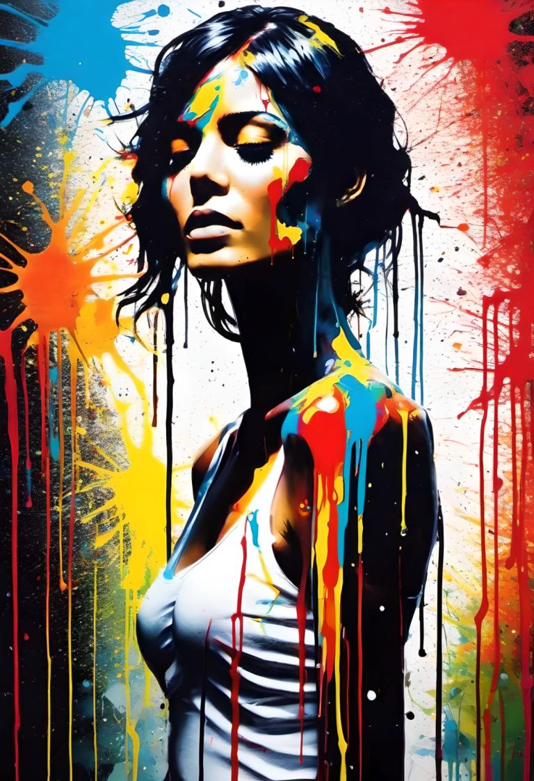 Spray Painting,Spray Painting, People, woman, 1girl, solo, paint splatter, black hair, short hair, paint