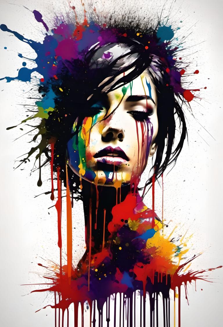 Spray Painting,Spray Painting, People, woman, solo, paint splatter, black hair, 1girl, paint, abstract, lips