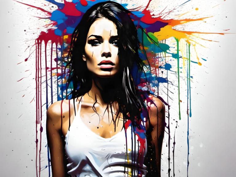 Spray Painting,Spray Painting, People, woman, 1girl, solo, black hair, long hair, tank top, paint splatter