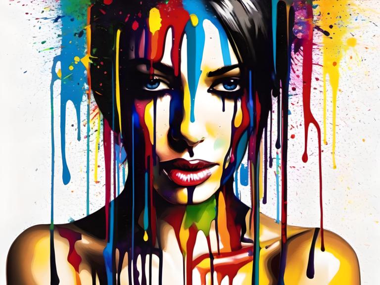 Spray Painting,Spray Painting, People, woman, solo, 1girl, blue eyes, paint splatter, black hair, makeup