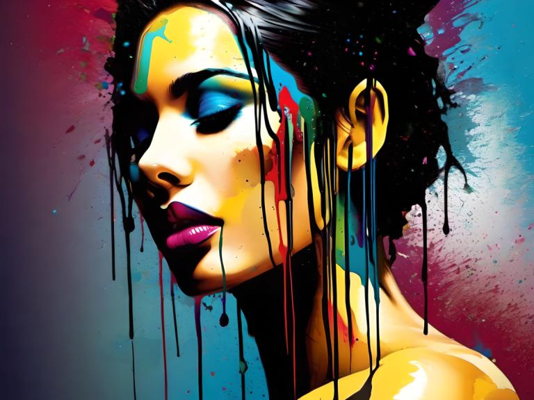 Spray Painting,Spray Painting, People, woman, solo, 1girl, paint splatter, black hair, paint, lips, makeup