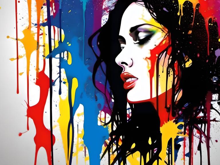 Spray Painting,Spray Painting, People, woman, 1girl, solo, black hair, paint splatter, abstract, makeup