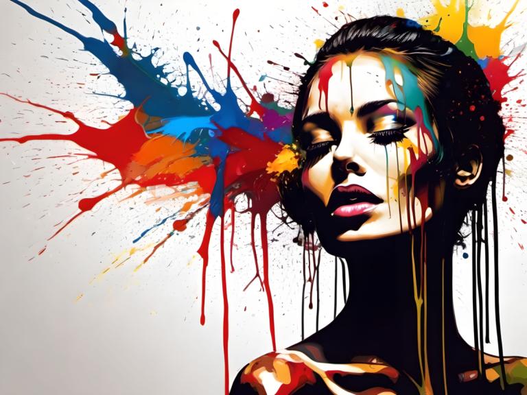 Spray Painting,Spray Painting, People, woman, 1girl, paint splatter, solo, paint, black hair, makeup, lips