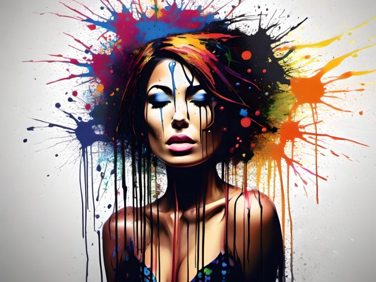 Spray Painting,Spray Painting, People, woman, 1girl, solo, paint splatter, makeup, paint, lips, breasts