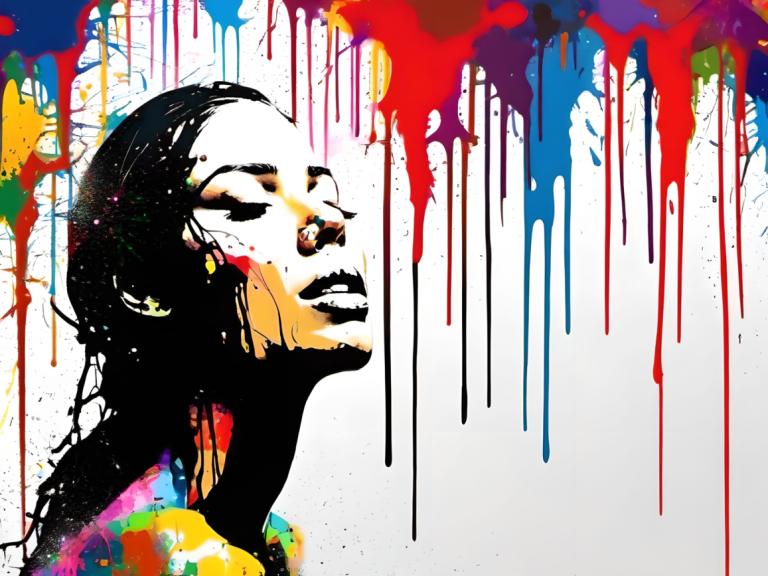 Spray Painting,Spray Painting, People, woman, 1girl, solo, abstract, black hair, paint splatter, colorful