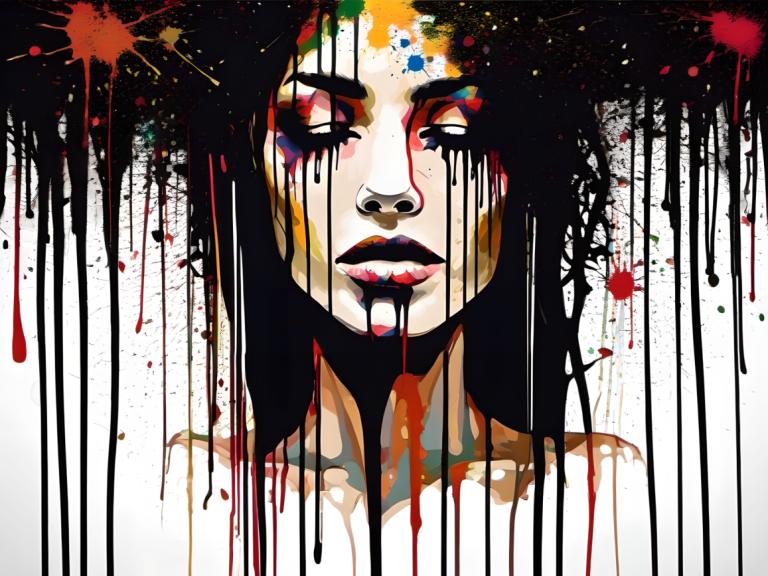 Spray Painting,Spray Painting, People, woman, solo, paint splatter, black hair, blood, male focus, 1girl