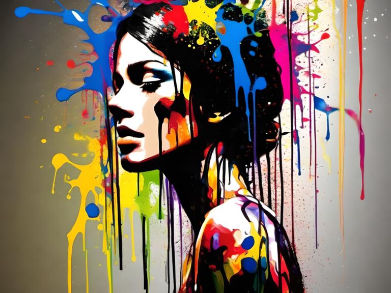 Spray Painting,Spray Painting, People, woman, solo, 1girl, paint splatter, black hair, black eyes, abstract